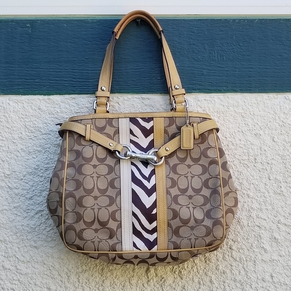 Coach Hampton Nancy zebra signature canvas tote tan - Picture 1 of 13